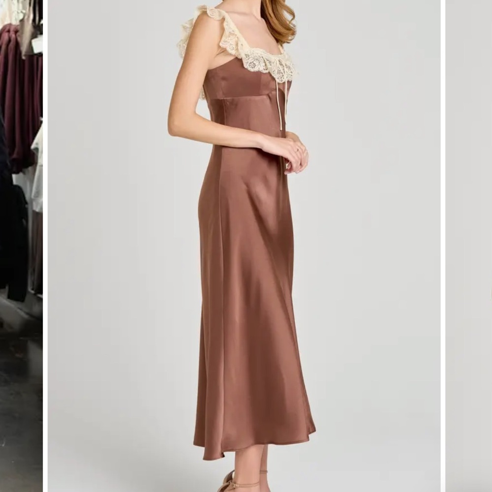 Wayf Brown Satin Lace Trip Dress